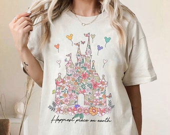 Disney Castle Floral Comfort Colors Shirt, Vintage Disney Sweatshirt, Happiest Place on Earth Sweatshirt , Magic Kingdom Shirt