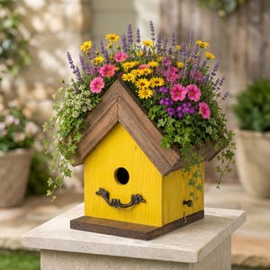May include: A bright yellow wooden birdhouse with a dark brown gabled roof and base. The structure features a central circular entrance hole and a decorative black metal handle on the front. It is overflowing with purple lavender, yellow daisies, pink flowers, and green ivy.