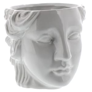 May include: A glossy white ceramic planter shaped like a human head with closed eyes and stylized hair. The vessel features a smooth, reflective surface and a wide, open top, showcasing a sculptural design that mimics classical facial features.