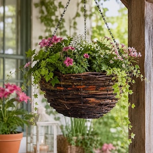 Puede incluir: Una cesta colgante de mimbre trenzado de color marrón oscuro suspendida por una cadena de metal negro, llena de una variedad de follaje verde, pequeñas flores blancas y vibrantes flores rosas que caen por los bordes del recipiente.