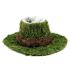 May include: A green moss planter with a brown woven rim. The planter is shaped like a wide-brimmed hat.