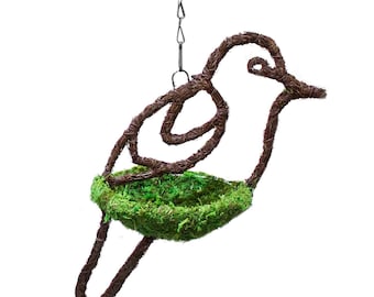 Mangiatoia per uccelli in muschio naturale, decorazione da giardino intrecciata da appendere, accento rustico da bosco