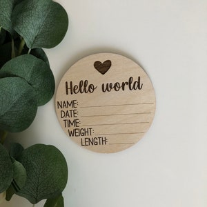 Panneau de faire-part de nom d'hôpital Hello World, disque rond de 6 po. pour faire-part de naissance pour nouveau-né, accessoire photo rond pour les statistiques de poids et de longueur du bébé