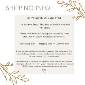 May include: Text on a cream-colored background with the words "SHIPPING INFO" at the top. The text provides information about shipping via Canada Post, processing times, and delivery estimates. Decorative floral elements are in the corners.