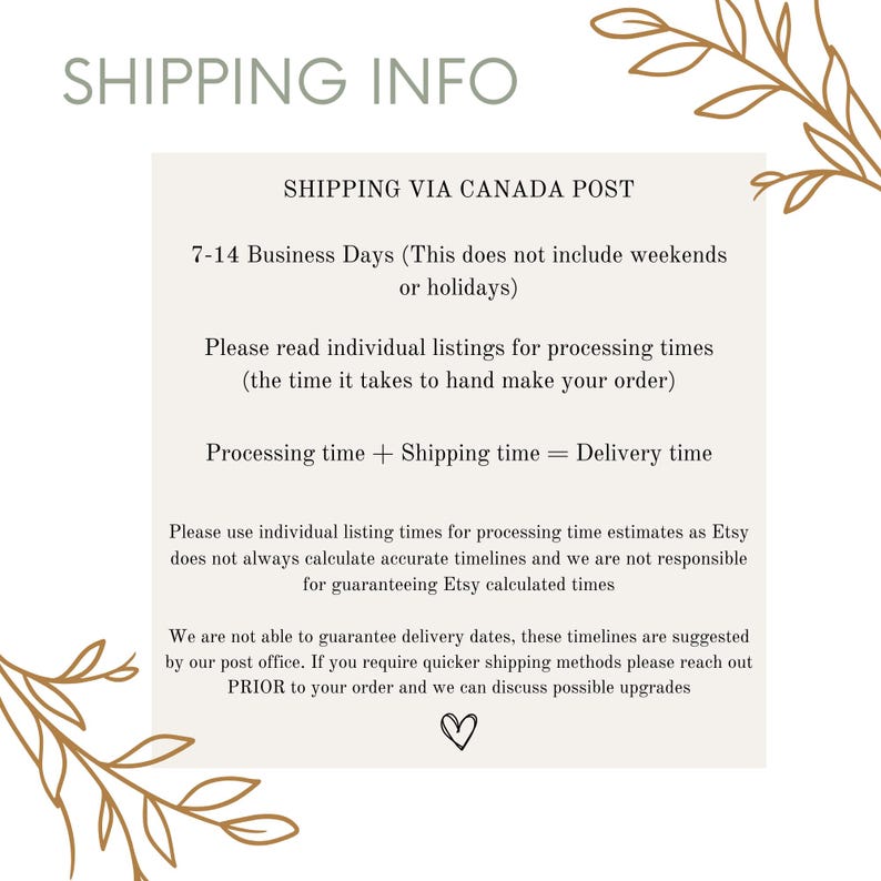 May include: Text on a cream-colored background with the words "SHIPPING INFO" at the top. The text provides information about shipping via Canada Post, processing times, and delivery estimates. Decorative floral elements are in the corners.