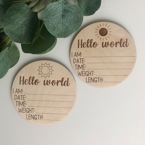 Signe de nom d'hôpital faire-part de naissance Disque 4" en bois de stat de naissance Signe de statistique de bébé Signe de poids de naissance Faire-part de naissance Bonjour tout le monde Nouveau-né