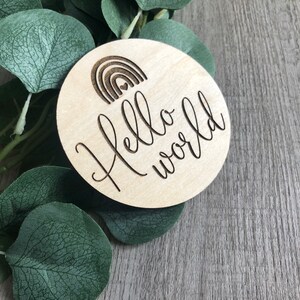May include: A round wooden disc with the words "Hello world" in a cursive font. Above the text is a small engraved rainbow design. The disc is light-colored and sits on a background of green leaves and a gray wooden surface.