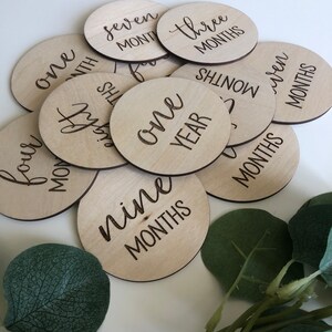 May include: A collection of wooden baby milestone discs. Each disc is round and engraved with a month or year, such as "one month," "three months," and "one year." The discs are arranged on a white surface with green foliage.