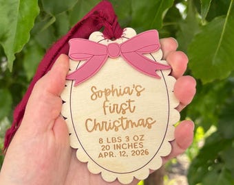 Baby birth stat ornament personalized bow memory ornament with scallop
