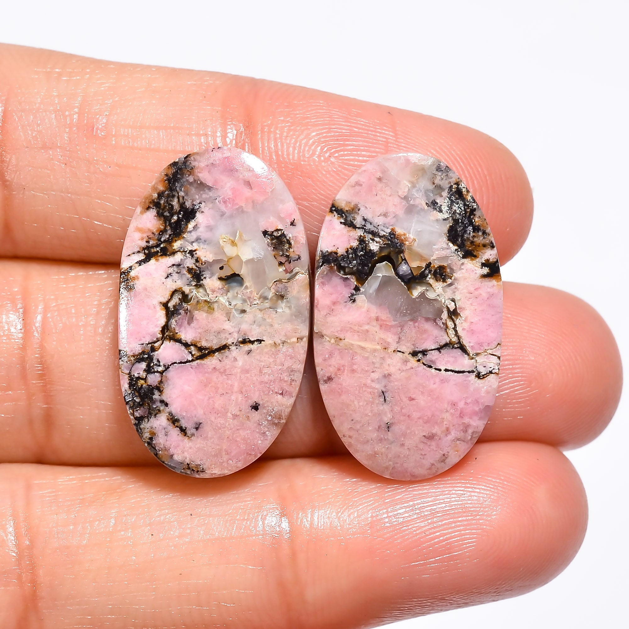Gorgeous Top Grade Quality 100% Natural Rhodonite Oval Shape Cabochon Loose Gemstone Pair For Making Earrings 34 Ct 24X15X4 mm AA-2183