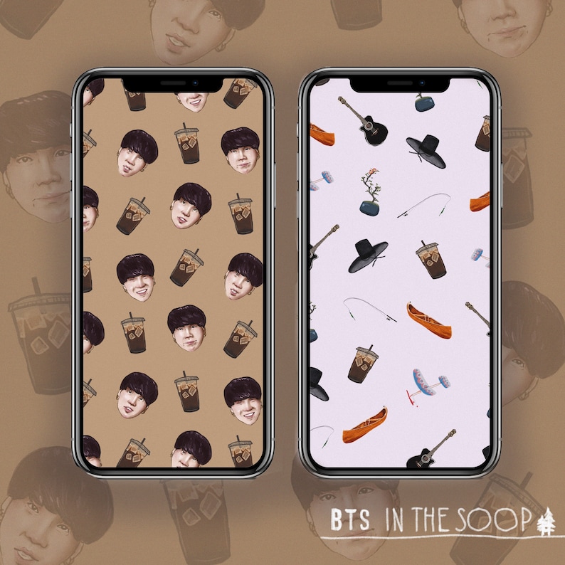 May include: Two phone screen mockups with different patterned backgrounds. The left phone has a brown background with a repeated pattern of a person's face, a cup of coffee, and a coffee bean. The right phone has a white background with a repeated pattern of a fishing rod, a guitar, a hat, a cup of coffee, and a canoe. The text "BTS in the Soop" is at the bottom of the image.