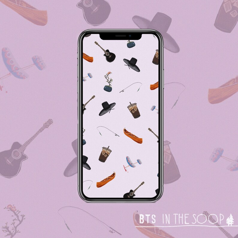 May include: A smartphone displaying a wallpaper with a repeating pattern of various items, including a guitar, a fishing rod, a canoe, a cup of coffee, a potted plant, and a black hat. The text "BTS in the Soop" is displayed at the bottom of the screen.