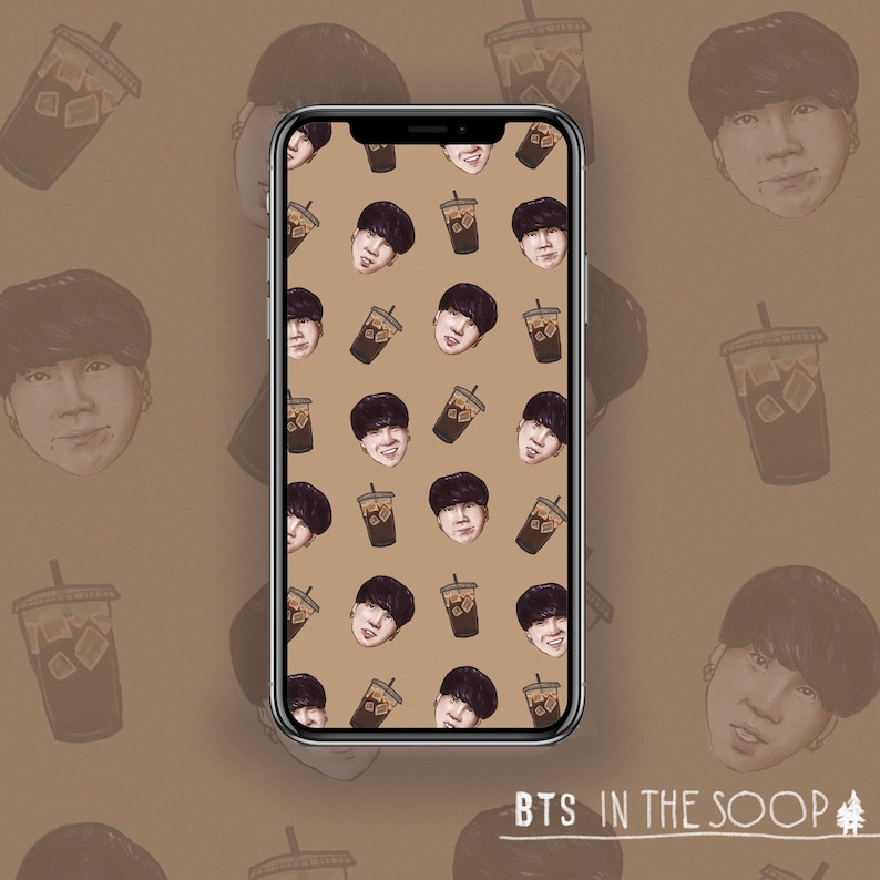 May include: A phone screen displaying a pattern of cartoon faces and iced coffee cups. The background is a light brown colour. The text "BTS in the Soop" is at the bottom of the screen.