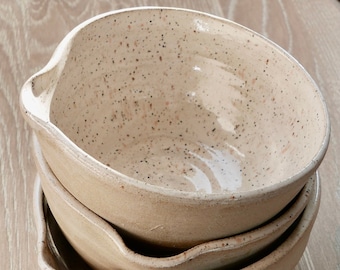 Large Pouring Bowl with Spout, Hand Thrown Stoneware, Vanilla Speckled Glaze
