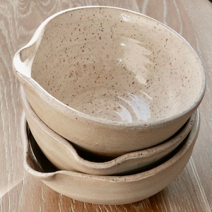 Small Pouring Bowl with Spout, Hand Thrown Stoneware, Vanilla Speckled Glaze