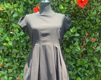 Zara Brand Black Skater Dress, Fit and Flare Dress, Puff Sleeve Pleated Dress