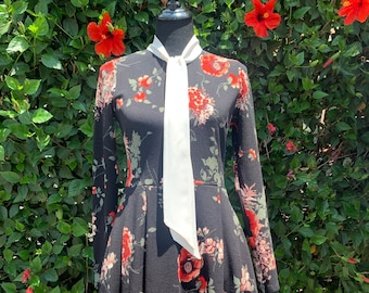 Pussy Bow Vintage Floral Skater Dress, Fit and Flare Dress, Ribbon Tie Dress