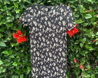 Crinkled Knit Vintage Floral Dress, Sheer Floral Slip Dress, Side Slit Floral Dress