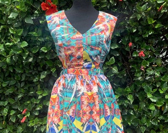 Padded Shoulder Tropical Babe Flare Dress, Vintage Inspired Cutout Waist Skater Dress