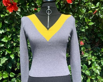 Color Block Ribbed Knit Top, Long Sleeve Mock Neck Top, O Ring Zipper Neckline Top