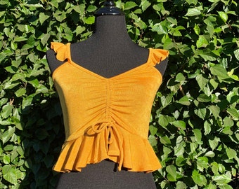 Lulu's Ruffle Trim Crop Top, Shine Knit Crop Top, Ruffled Drawstring Top, Ruched Cropped Blouse