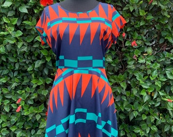 Vintage Style Tribal Geometric Dress, Fit and Flare Dress, Open Back Sundress, Abstract Print Dress