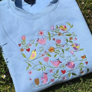 May include: A light blue sweatshirt with an embroidered design of colorful birds, flowers, and hearts. The embroidery features pink, yellow, green, and red accents. The sweatshirt is made of a soft material.