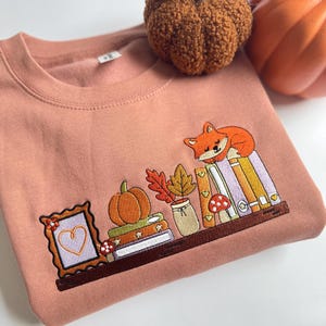 Cute Autumn Bookshelf Embroidered Sweatshirt | Autumn Fall Embroidered Jumper | Bookish Gifts for Her | Bookish Autumn Sweater | Cute Fox