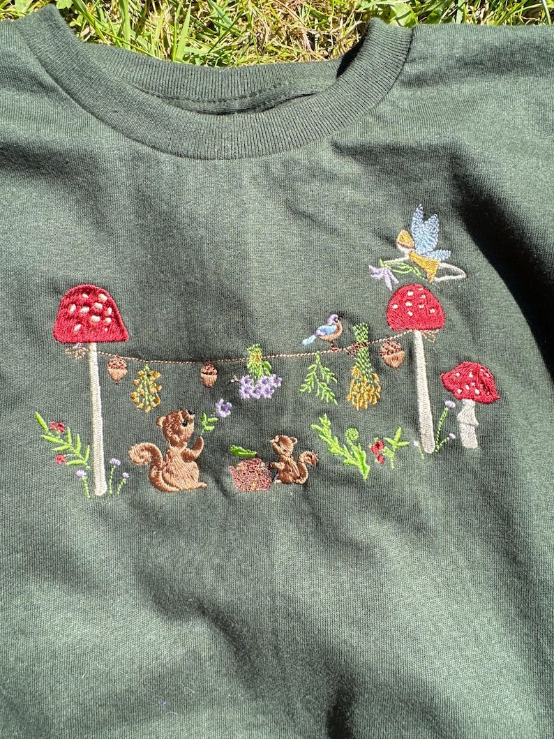 Magical Squirrel Party Embroidered T-Shirt | Autumn Fashion | Nature T-shirt | Cute Animals | Embroidered Gifts & Apparel