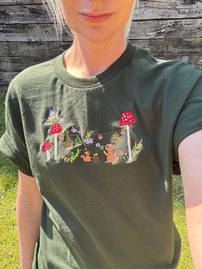 Magical Squirrel Party Embroidered T-Shirt | Autumn Fashion | Nature T-shirt | Cute Animals | Embroidered Gifts & Apparel