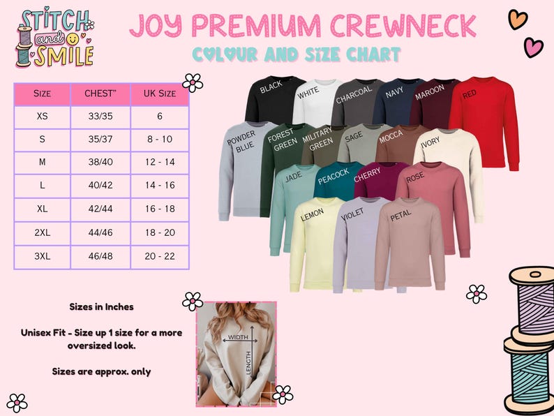 Puede incluir: Una tabla de colores para sudaderas Joy Premium Crewneck, con varios colores como negro, blanco y rojo. La tabla incluye una gu&iacute;a de tallas con medidas de pecho en pulgadas, que van desde la XS hasta la 3XL. El texto "Stitch and Smile" est&aacute; en la parte superior.