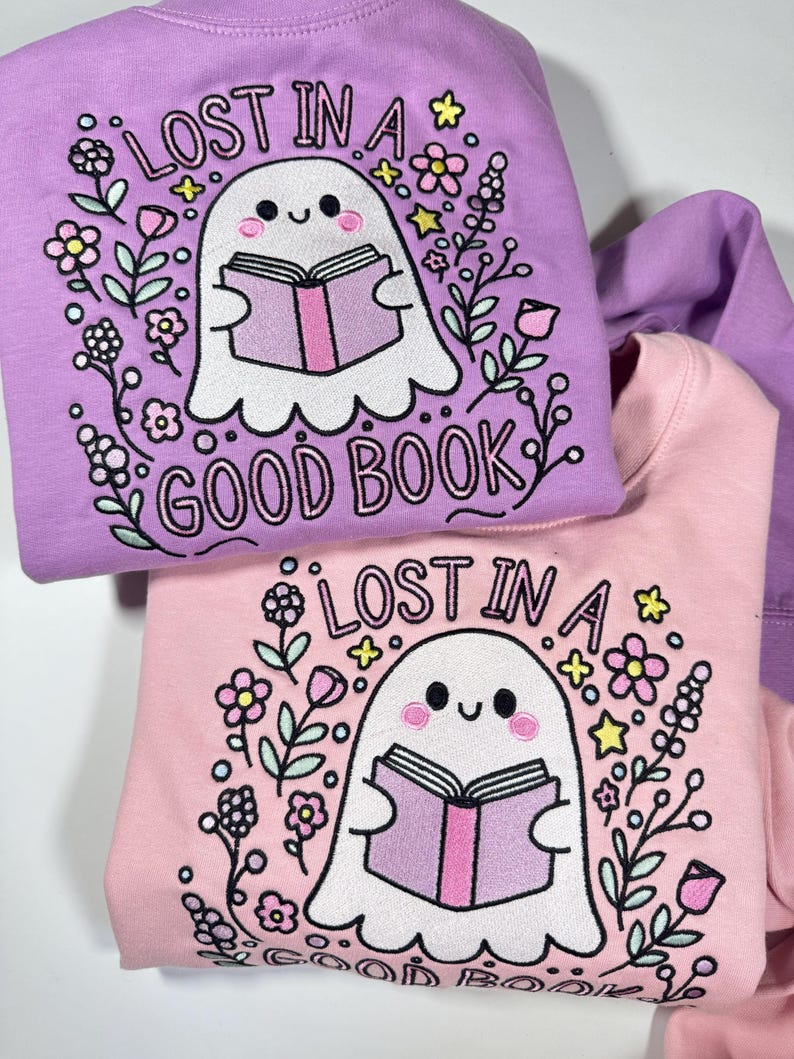 Lost in a Good Book Ghost Embroidered Sweatshirt | Book Club Apparel | Bookish & Bookworm Gifts | Book Club Jumpers | Cute Ghost Sweater