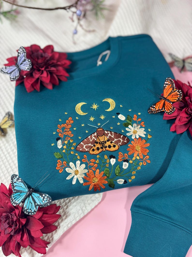 Cosy Cottage Celestial Golden Butterfly Embroidered Sweatshirt | Magical Gifts | Fairy Jumper | Cottage Nature Sweater | Moths & Flowers