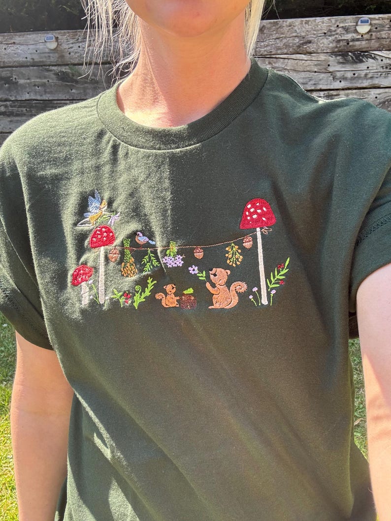 Magical Squirrel Party Embroidered T-Shirt | Autumn Fashion | Nature T-shirt | Cute Animals | Embroidered Gifts & Apparel