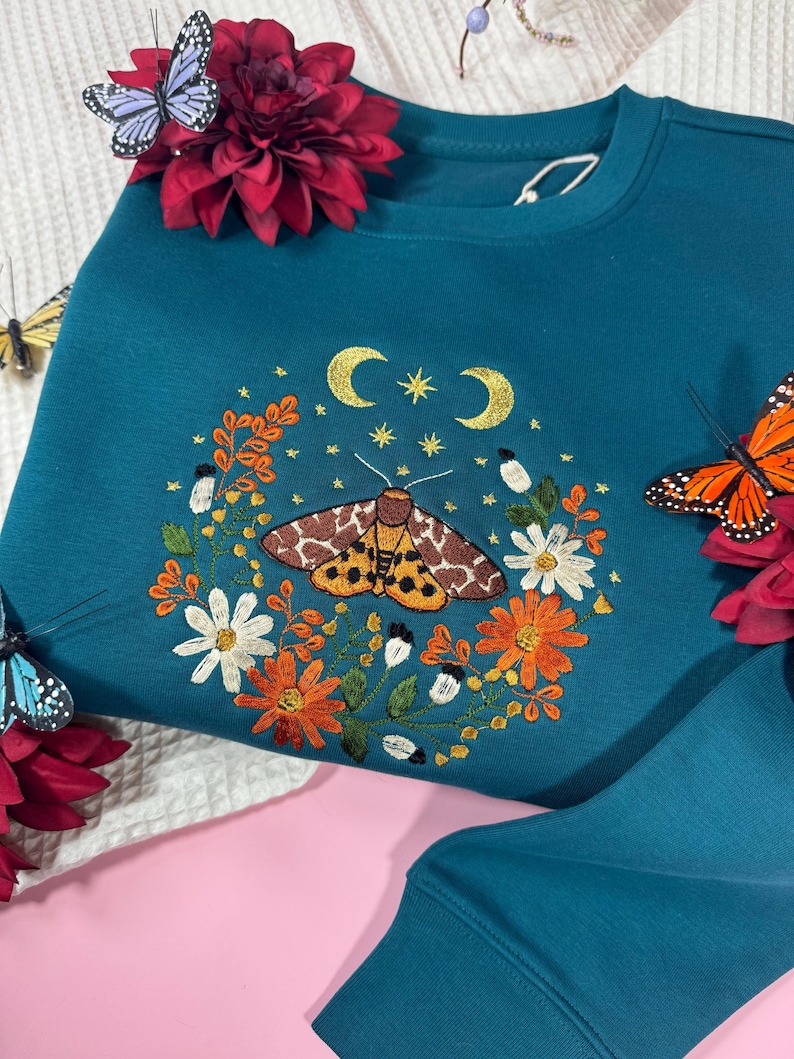 Cosy Cottage Celestial Golden Butterfly Embroidered Sweatshirt | Magical Gifts | Fairy Jumper | Cottage Nature Sweater | Moths & Flowers