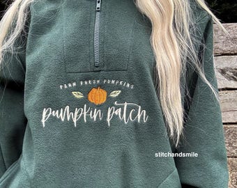 Embroidered Pumpkin Patch Fleece: Autumn Green 1/4 Zip Jumper