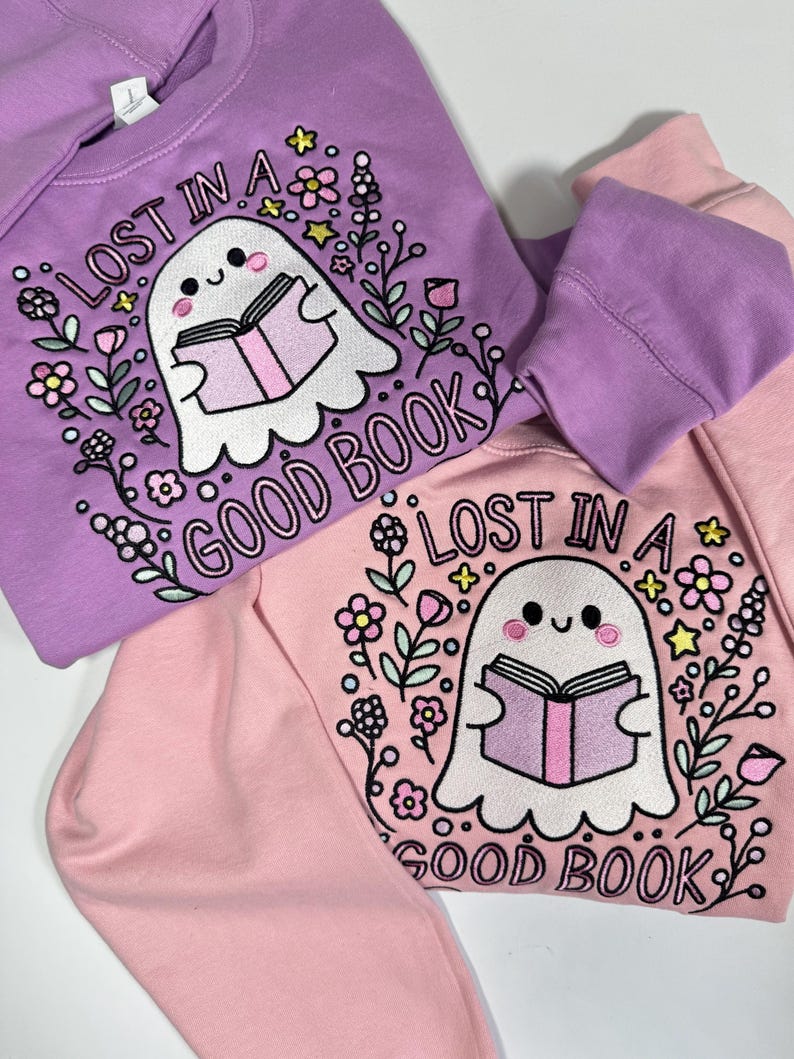 Lost in a Good Book Ghost Embroidered Sweatshirt | Book Club Apparel | Bookish & Bookworm Gifts | Book Club Jumpers | Cute Ghost Sweater
