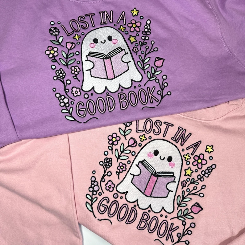 Lost in a Good Book Ghost Embroidered Sweatshirt | Book Club Apparel | Bookish & Bookworm Gifts | Book Club Jumpers | Cute Ghost Sweater