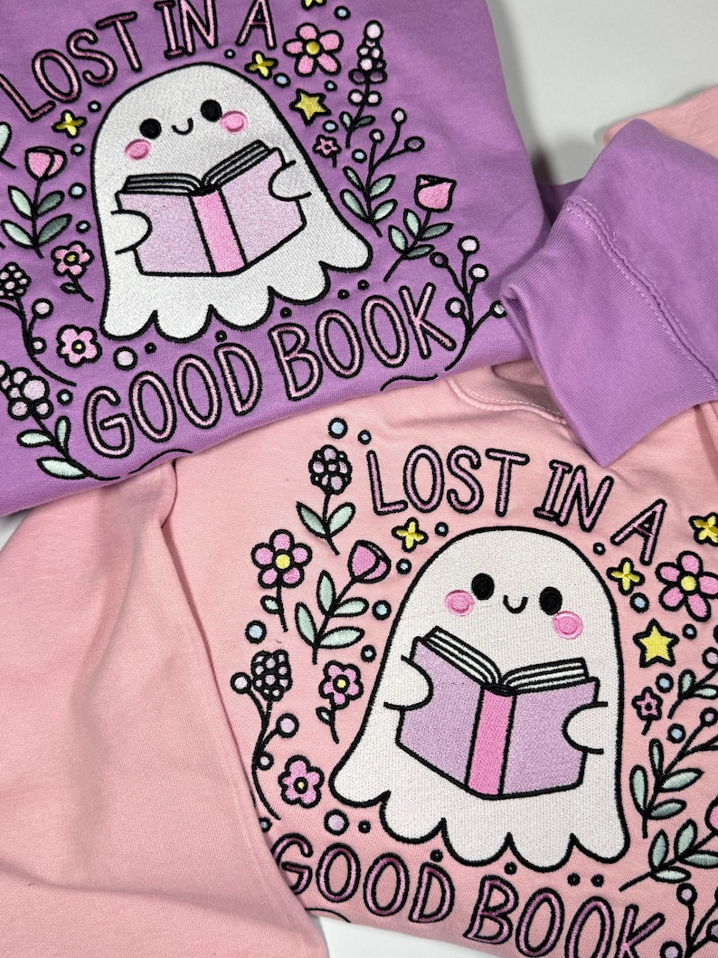 Lost in a Good Book Ghost Embroidered Sweatshirt | Book Club Apparel | Bookish & Bookworm Gifts | Book Club Jumpers | Cute Ghost Sweater