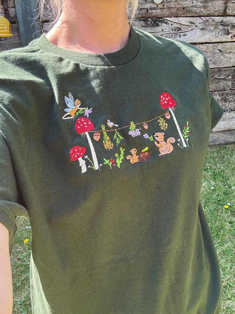 Magical Squirrel Party Embroidered T-Shirt | Autumn Fashion | Nature T-shirt | Cute Animals | Embroidered Gifts & Apparel