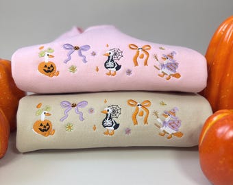 Cute Silly Goose Halloween Embroidered Sweatshirt | Pumpkins and Ghosts Sweater | Halloween Jumper | Spooky Clothing
