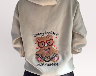 Beary In Love with Books Embroidered Applique Book Hoodie | Bookish Sweatshirt | Gifts for Book Lovers | Book Tropes
