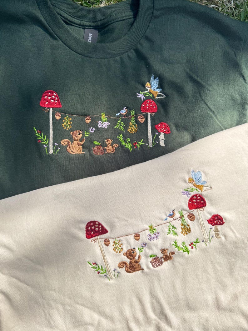 Magical Squirrel Party Embroidered T-Shirt | Autumn Fashion | Nature T-shirt | Cute Animals | Embroidered Gifts & Apparel