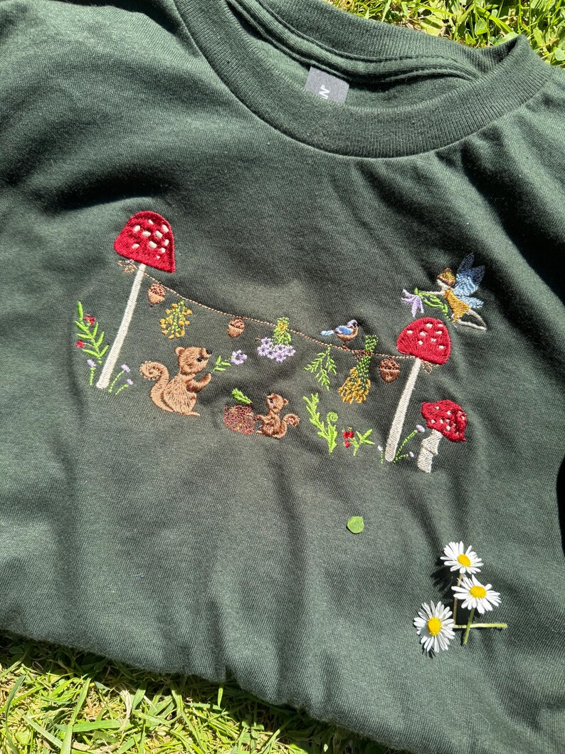 Magical Squirrel Party Embroidered T-Shirt | Autumn Fashion | Nature T-shirt | Cute Animals | Embroidered Gifts & Apparel