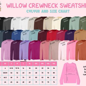 May include: A color chart for Willow crewneck sweatshirts, showcasing a variety of colors including black, navy, and red. The chart also displays size information, with measurements in centimeters and inches, and a size range from XS to 5XL.