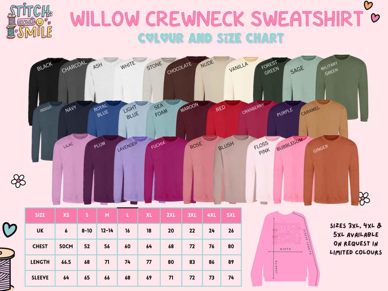 May include: A color chart for Willow crewneck sweatshirts, showcasing a variety of colors including black, navy, and red. The chart also displays size information, with measurements in centimeters and inches, and a size range from XS to 5XL.