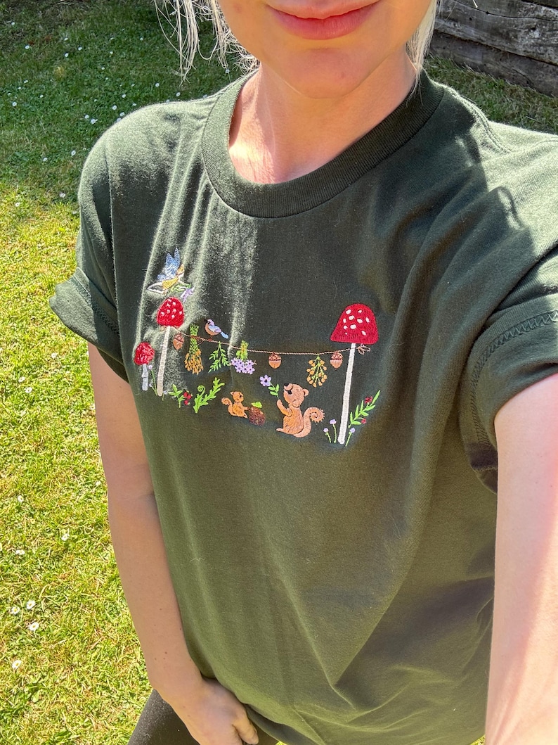 Magical Squirrel Party Embroidered T-Shirt | Autumn Fashion | Nature T-shirt | Cute Animals | Embroidered Gifts & Apparel