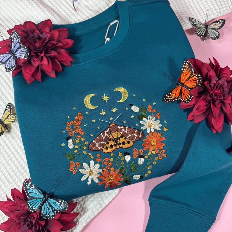 Cosy Cottage Celestial Golden Butterfly Embroidered Sweatshirt | Magical Gifts | Fairy Jumper | Cottage Nature Sweater | Moths & Flowers