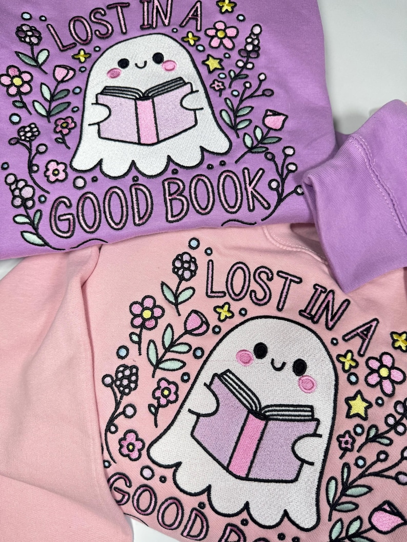 Lost in a Good Book Ghost Embroidered Sweatshirt | Book Club Apparel | Bookish & Bookworm Gifts | Book Club Jumpers | Cute Ghost Sweater