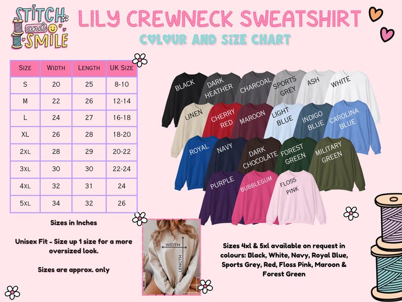 May include: A color chart for Lily Crewneck Sweatshirts, featuring various colors like black, white, and pink. The chart includes size information in inches, with sizes ranging from S to 5XL. The image also shows a sample of the sweatshirt.